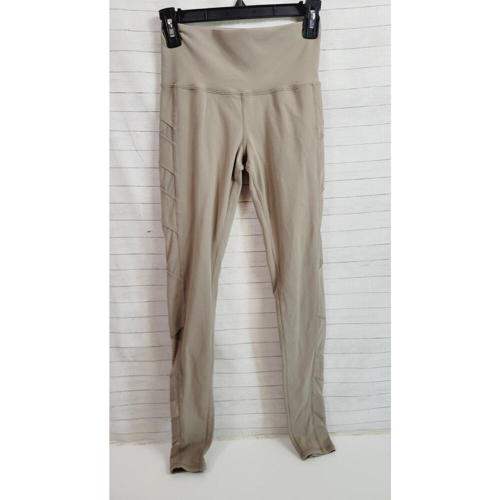 ALO YOGA Block High-Waist Diagonal Mesh Leggings in Gravel Beige, sz Small
